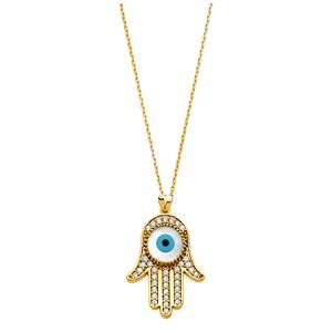 14K Yellow Gold CZ Evil Eye Necklace - 17+1"
